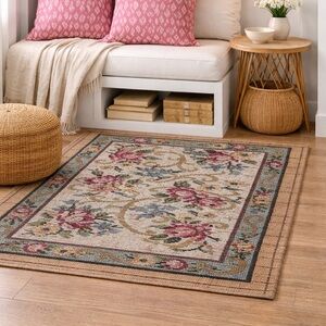 Hand Hooked Floral Wool Rug Burlap Backing Folk Art Cottagecore 3 x 4.5 English